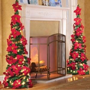 Set of 2 Pop Up Collapsible Trees Poinsettias decorated